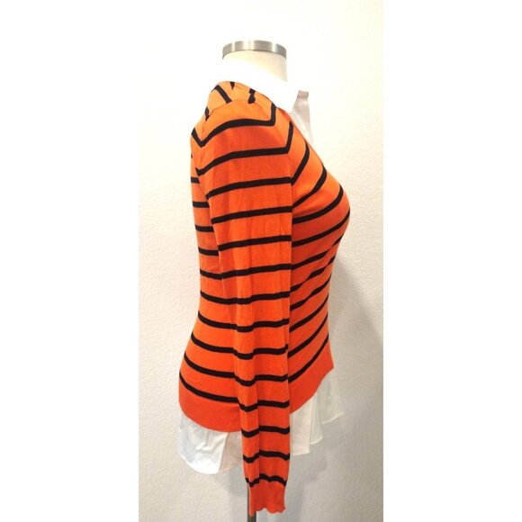 NWT Lauren Ralph Lauren Orange Striped Long Sleeve w Collar Shirt Sweater L - Picture 2 of 10